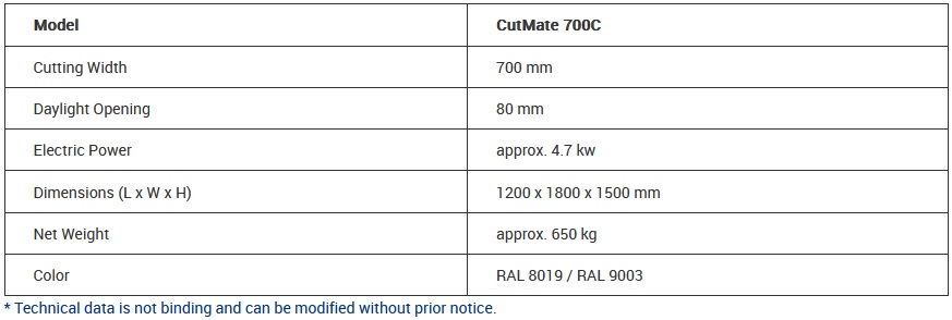 Technical data Cross cut guillotine Cutmate 700C Technical data Cross cut guillotine Cutmate 700C
